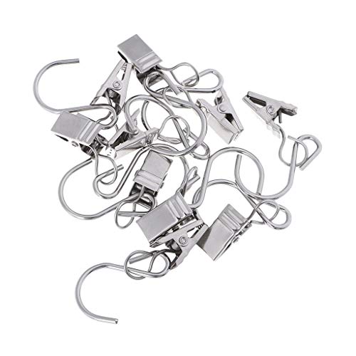 10pcs Stainless Steel Hanger Clips with S Hook Metal Curtain Clip Pegs Wire Holder for Rope String Lights, Gutter Hangers for Lights, Curtain Clips