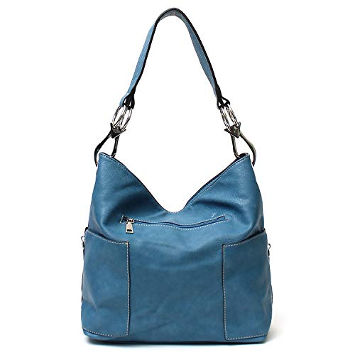 Americana Bucket Style Hobo Shoulder Bag with Big Snap Hook Hardware and Side Zipper Pocket