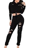 Pink Queen Women Long Sleeve Hole Hooded Top Pants 2 Piece Sport Set Tracksuit