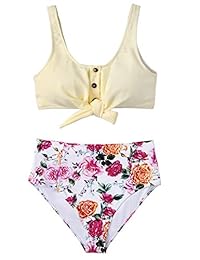 Bikini de cintura alta con lazo sólido y estampado floral para dama