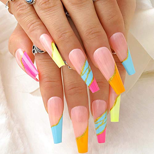 Outyua Rainbow Coffin Press On Nails Extra Long Colorful Fake Nails Artificial False Nails Acrylic Full Cover Nails Christmas For Women And Girls 24pcs Pricepulse