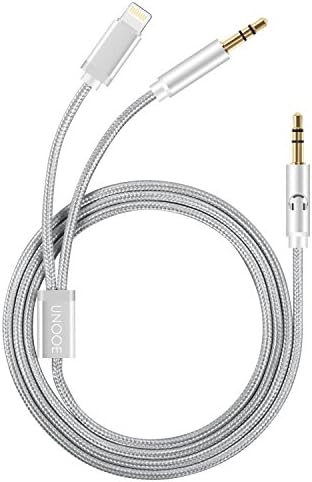 UNOOE iPhone 8 Aux Cord Aux Cable to iPhone 7 iPhone 8 Plus with Two 3.5mm Headphone Audio Jack Cable to Lightning Connector for iPhone, iPad, iPod, Car Home Stereo, Beats Headphone, Speaker, Silver