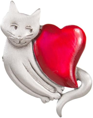 Animal World - Cat With Giant Red Heart Metal Pin Silver