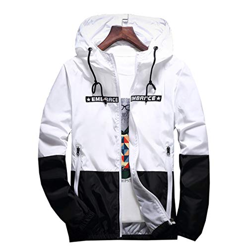AITFINEISM Men's Lightweight Hooded Zip up Sports Jacket Windproof Windbreaker (Large, White)