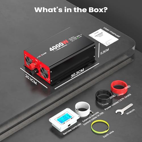 4000W DC 12V to AC 230V Car Power Inverter with 2 AC Outputs, 30W Type-C Port, 3.1A USB Port and LCD Display Remote Control Truck Power Converter