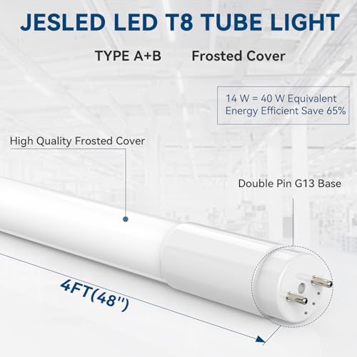 JESLED T8 LED Tube Lights 4FT, 14W 2450LM 6500K, Single or Double End Powered, Plug and Play or Ballast Bypass, Type A+B 4 Foot T10 T12 Fluorescent Bulbs Replacement, Frosted, 10-Pack