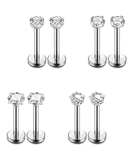 FUNRUN JEWELRY 4 Pairs 16G Stainless Steel Monroe Lip Rings Nose Studs Body Jewelry Piercing 3mm CZ 6mm - Thumbnail 3