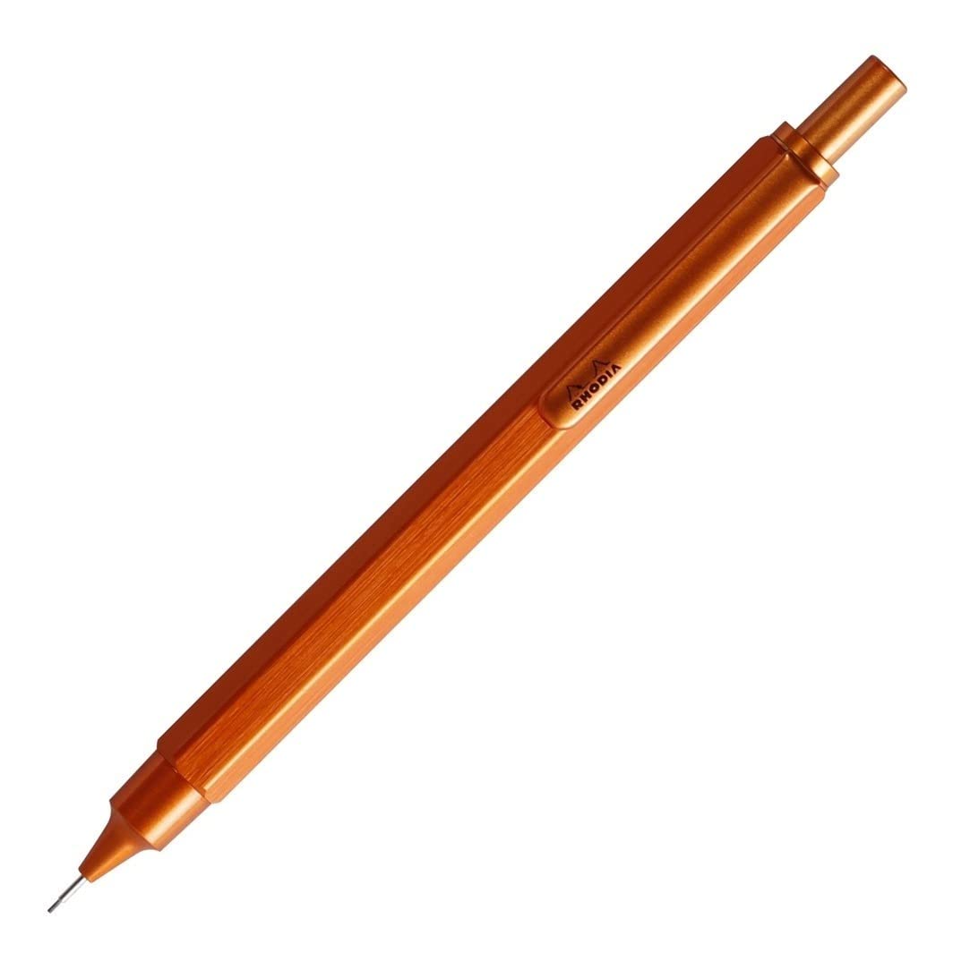 RHODIA 9398C - scRipt Mechanical Pencil Hexagonal Body in Brushed Aluminium - Orange - for Standard 0.5 mm Graphite Leads, Retractable Steel Barrel, Eraser Under the Push Button - scRipt Collection