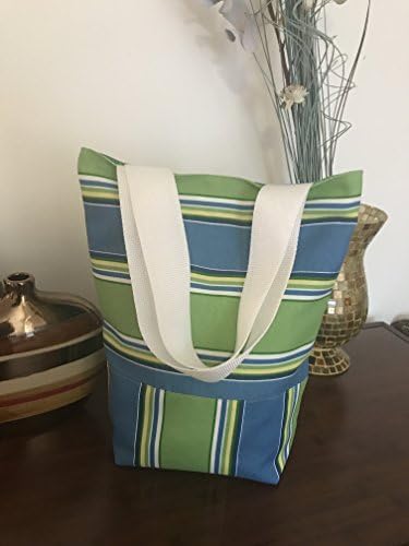 Small Blue and Green and White Striped Tote Bag