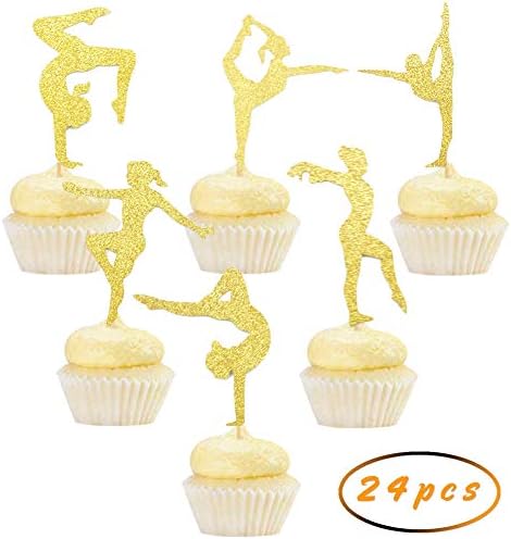 24pcs Gold Glitter Gymnastics Cupcake toppers Gymnast Girl Birthday Party Decorations