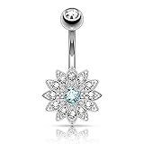 Petite Crystal Paved Flower with Crystal Center Surgical Steel Belly Button Ring - Available in Five Colors! (Silver Tone with Blue Crystal Center)