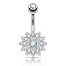 Petite Crystal Paved Flower with Crystal Center Surgical Steel Belly Button Ring - Available in Five Colors! (Silver Tone with Blue Crystal Center)