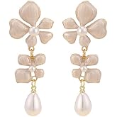 Flower Earrings for Women Dainty Pearl White Flower Dangle Earrings Large Floral Statement Earrings Boho Teardrop Pearl Danling Jewelry