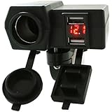 Graceme DC 12V 24V Motorcycle ATV Handlebar Mount Dual 5V USB 3.1A Charger &amp; Red Voltmeter &amp; Cigarette Lighter Socket Power Supply Kit with On Off Switch &amp; Waterproof Cover