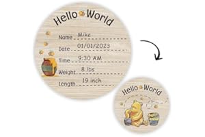 PAMBO Baby Bear Newborn Baby Birth Announcement Sign, Hello World Newborn Baby Name Sign 6inch Double Sided