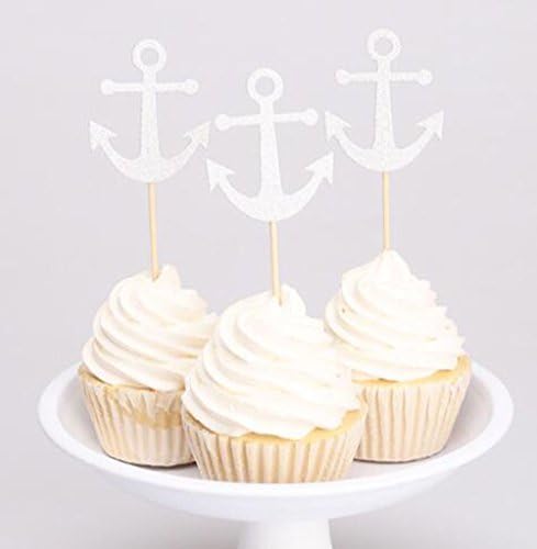 10 Pack Silver Glitter Anchor Cupcake Toppers with Blue Bow Anchor Cake Toppers for Birthday Party Baby Shower Decoration