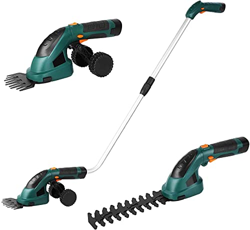 Gizcam Hedge Trimmers Cordless with Battery-powered, Grass Trimmers, Shrub Trimmers, Weed Trimmer, 2 in 1 Cordless Grass Shear with Battery 7.2V 2000mAh, including Telescopic Handle and Running Wheels