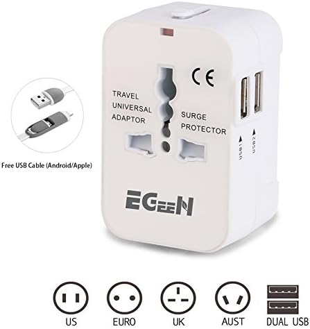 Travel Adapter,Worldwide All in one Universal AC Power Plug Adaptor,Free USB Cable (Support Android/Apple),Wall Charger with Dual USB Charging Ports/USA/EU/UK/AUS,Cell phone laptop (White)