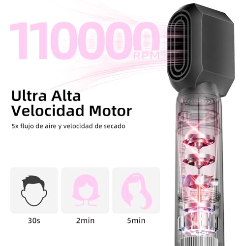 Secador de Cabello alta Velocidad 5 en 1 Kit Profesional, 120000rpm Boquillas + Cepillo + Rizador de Pelo, Tecnología Iónica Secadora de Pelo para Rizar, Voluminizar y Alisar, Oro
