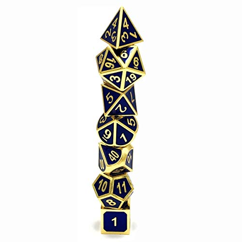 Set of 7 Metal Dice Shiny Gold Finish with Royal Blue Enamel Paint for RPG DND MTG Table Games