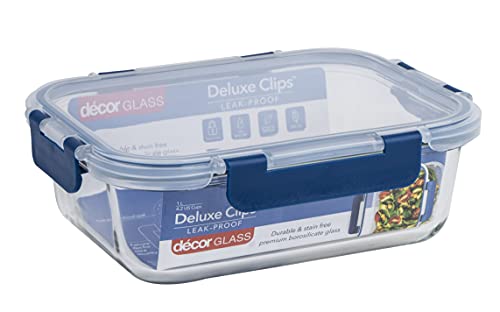 Decor Deluxe Clips Glass Food Storage Container | Leakproof Lid with Deluxe Clips | Dishwasher, Freezer & Microwave Safe - 1L Capacity