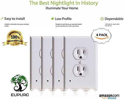 (4) Pack - EUPURO GuideLight - Outlet Wall Plate With LED Lights - Energy Saving Night Light - No Batteries or Wires - Install in Seconds (Duplex, 4 Pack)