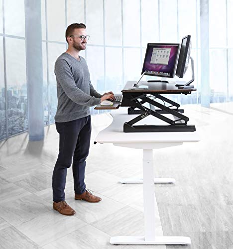 AIRLIFT 35.4" Gas-Spring Standing Desk Converter Workstation | Ergonomic Dual Monitor Riser with Keyboard Tray and Phone/Tablet Holder Height Adjustable to 19.1", Walnut - Thumbnail 5