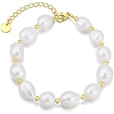 AMINKINA 14K Gold Baroque Pearl Bracelet, Pure White Freshwater Pearl Bracelet, Beautiful Jewelry Gift for Wife, Girlfriend