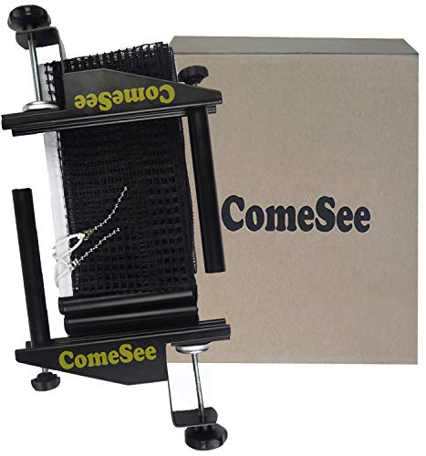 ComeSee Table Tennis Net and Post Set Strength Screw Clamp, 1.5 Inch Width Grip Holder, Insert Type Ping Pong Net Clip, Tension and Height Adjustable Easy Set Up (Black)