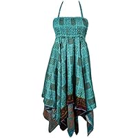 Mogul Interior Women Halter Dress Handkerchief Hem Two Layer Printed Summer Fashion Boho Chic Sundress