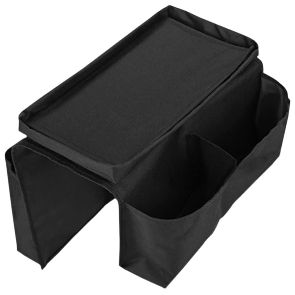 Moonlove Over Sofa Armrest Hanging Tidy Storage Caddy Non-slip Couch Organiser Caddy Pockets With Tray Arm Chair Tidy Organiser for Snacks Coffee Cups Eyeglasses Cable Pens, Black