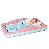 Toddler Travel Bed - Portable Air Bed with Safety Bumpers for Kids & Toddlers - Inflatable Sleeping Cot Floor Bed with Mattress & Blanket for Camping or Sleepover - Includes Pump