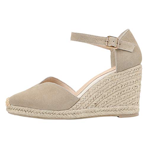 Womens 3" Wedge Sandals Ankle Strap, Cap Toeï¼ŒClassic Espadrille Heel Shoes (6.5 M US, Beige)