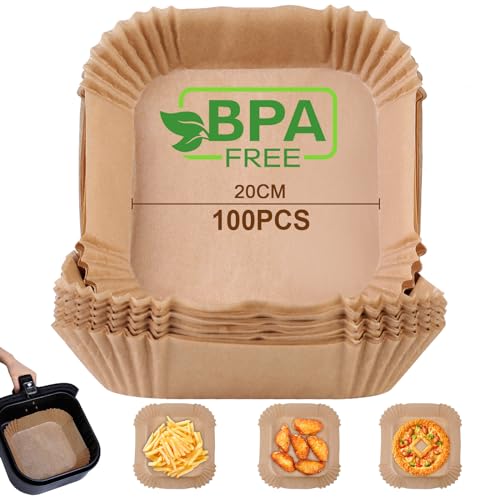 AiQInu Parchment Paper for Air Fryer, 100 Pieces 20 cm Baking Paper Liner, Food-Grade BPA Free, Disposable Non-stick Oil Free Parchment Paper Accessories for 4.5-6L Air Fryer