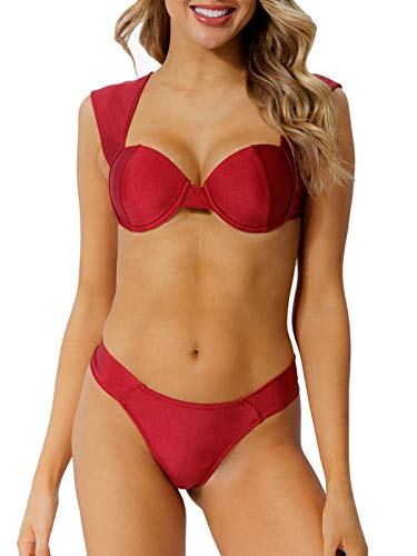 Peddney Push Up Bikini Swimwuit for Women High Cut Triangle Bikini Two Piece Bathing Suit Red Wine