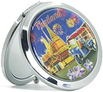 Thai Style Double Compact Magnifying Makeup Cosmetic Mirror 2.5 Inch Pocket Purse Hand Mirror with Tuk Tuk Wat Phra Kaew and flower
