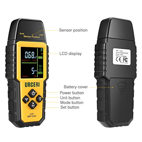 URCERI EMF Meter Electromagnetic Radiation Detector Multi Field Tester Handheld Mini with Backlight Colored LCD Screen and Temperature Detection with Sound Alert and Intensity Graphs (UI-01)