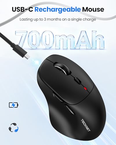 TECKNET Wireless Mouse, Rechargeable Bluetooth Mouse(Tri-Mode: BT 5.0/3.0+2.4G), 4800DPI Adjustable, Ergonomic Cordless Silent Mouse for Laptop, PC, Computer, 6 Buttons, Black