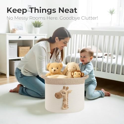 Storage Basket for Nursery， Cotton Rope Bin with Soft Felt Animal Patch Toy Organizer, Baby Laundry Hamper, Diaper & Towel Holder Foldable, Washable Baby Safe（ Giraffes ）