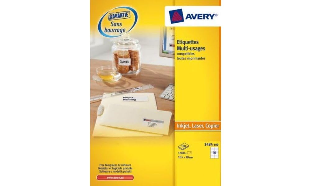 Avery Multi-Purpose Labels for Laser/Inkjet Printers and Photocopiers 105 x 37 mm Box of 1,600 White