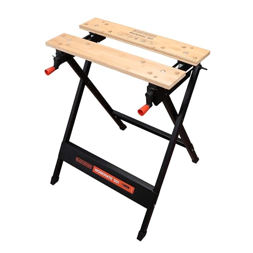 Banco de Trabajo WORKMATE, Sistema de Doble Manivela, Función Plegable, Patas Antideslizantes, Bambú Comprimido y Acero, Color Negro y Madera, WM301-XJ