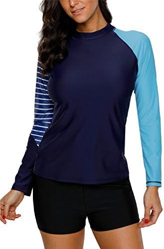anfilia Women Striped Long Sleeve Rashguard Top UV Sun Protection Floral Swim Shirts