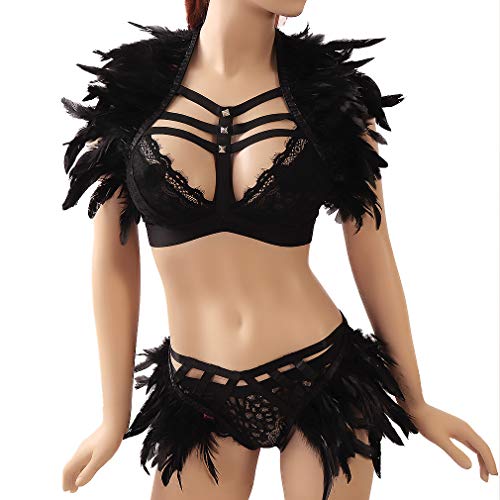 Women Harness Feather Epaulette Bralette Strappy Full Body Frame Set Festival Rave Halloween Burning Man Wing (Black O712+L0063)