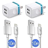Phone Charger 10ft with Plug (4-in-1), FIMARR Dual USB Wall Charger Adapter Block with 2-Pack Charging Cable 10-Feet Compatible with Phone XS/Max/XR/X 8/7/6 Plus SE/5S/5C (UL Certified)