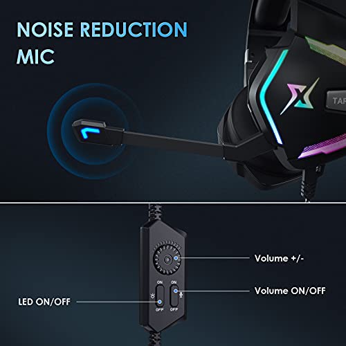 7.1 Stereo Bass Surround Sound Gaming Headset for PS4 PS5 PC Laptop, USB Jack Over Ear Wired Gaming Headphones with Noise Canceling Mic, LED RGB Light,1pcs Free USB Type C Cable Adapter