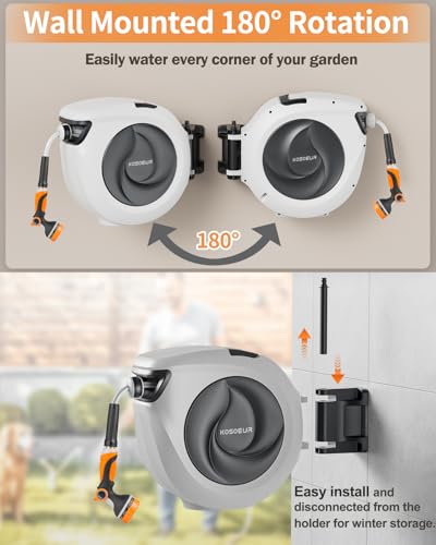 KOSOEUR Retractable Garden Hose Reel, 1/2 in x 65 ft Garden Hose Reel, Automatic Retractable Water Hose Reels Wall Mount with 10 Pattern Nozzle, Slow Rewind System/Any Length Lock/180° Swivel Bracket
