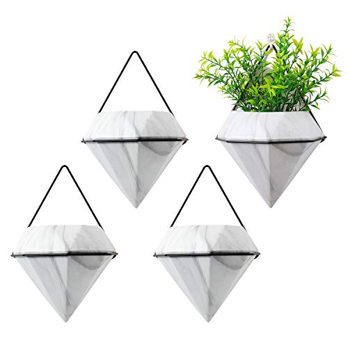 T4U Diamond Wall Planter Geometric Wall Vases Marble White, Set of 4 Trigg Ceramic Mounted Succulent Air Plant Flower Pots Cactus Faux Plants Containers White Modern Indoor Decor for Home and Office
