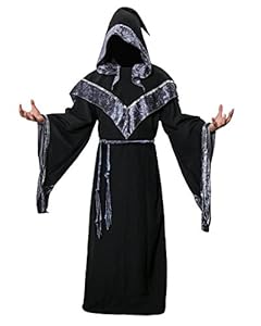 JUDE Adult Men's Dark Mystic Sorcerer Robe Halloween Costume with Hooded Cape (Large)