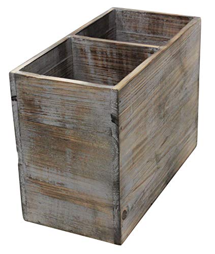 Vintage Rustic Barnwood Torched Wood Kitchen Utensil Holder - Organizer Caddy Box For Cooking, Silverware, Flatware, Sauce Spoon, Tongs, and More