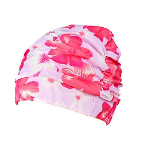 Eforstore Swimming Caps Long Hair Swim Cap Pleated Cloth Fabric Bathing Hats Lycra Beanie Hat for Adult Men Women Large Flowers Pink